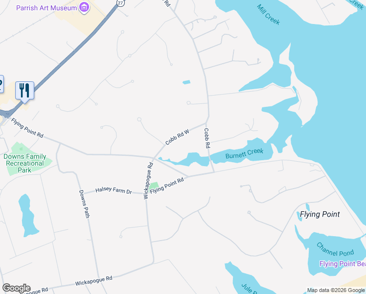 map of restaurants, bars, coffee shops, grocery stores, and more near 904 Cobb Road West in Water Mill