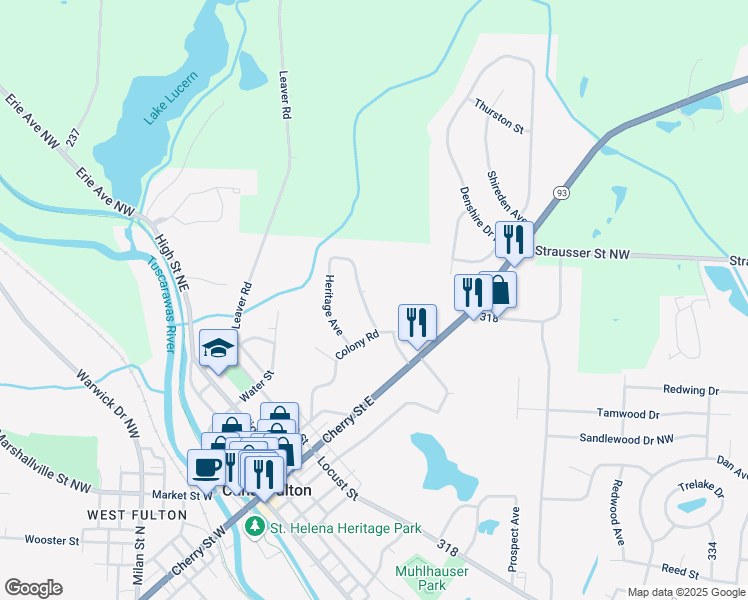 map of restaurants, bars, coffee shops, grocery stores, and more near 374 Waterside Avenue in Canal Fulton