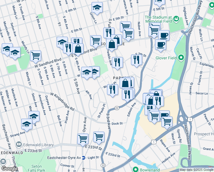 map of restaurants, bars, coffee shops, grocery stores, and more near 32 Warren Place in Mount Vernon
