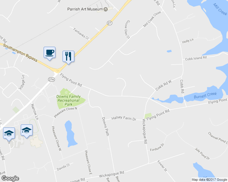 map of restaurants, bars, coffee shops, grocery stores, and more near 244 Flying Point Road in Water Mill