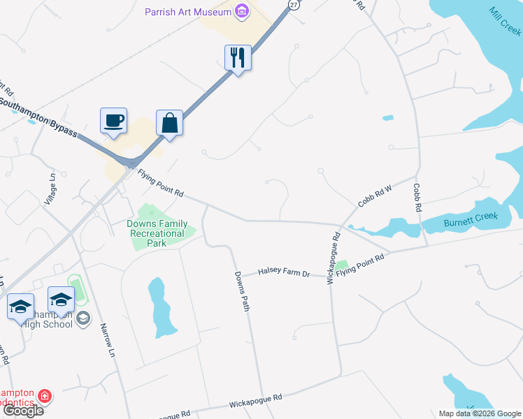 map of restaurants, bars, coffee shops, grocery stores, and more near 244 Flying Point Road in Water Mill