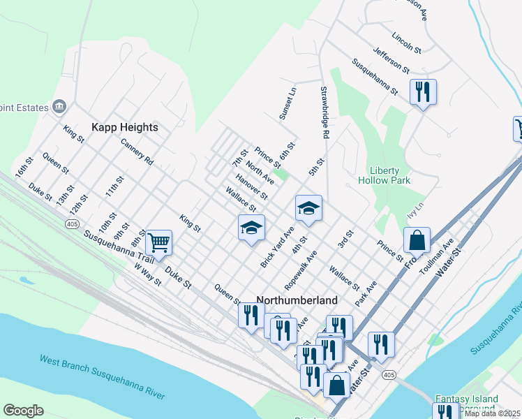map of restaurants, bars, coffee shops, grocery stores, and more near 570 Wallace Street in Northumberland