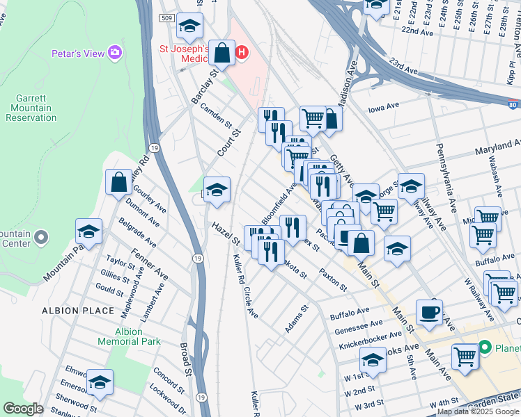map of restaurants, bars, coffee shops, grocery stores, and more near 266 Sussex Street in Paterson