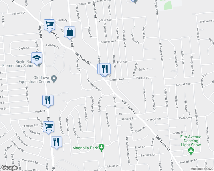 map of restaurants, bars, coffee shops, grocery stores, and more near 698 Old Town Road in Port Jefferson Station