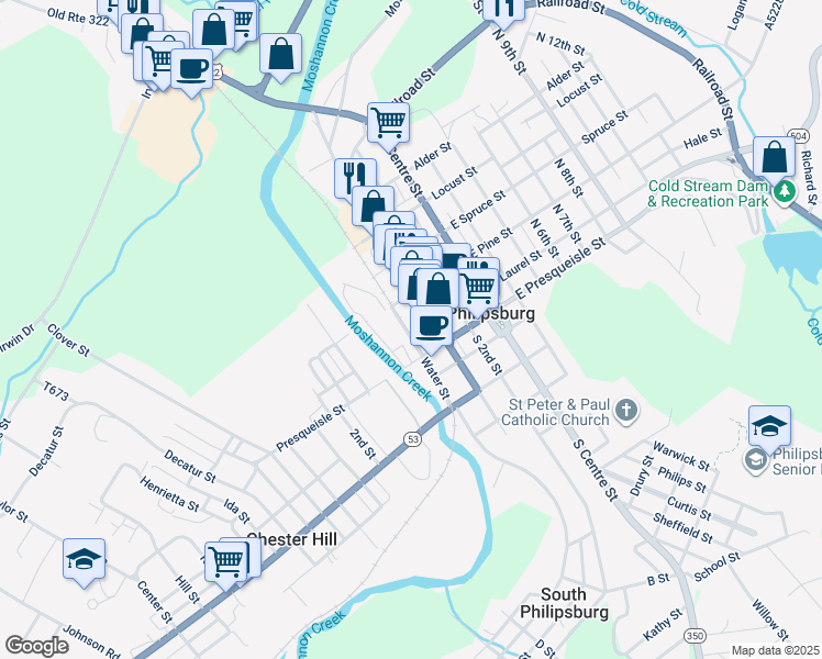 map of restaurants, bars, coffee shops, grocery stores, and more near 9 West Laurel Street in Philipsburg