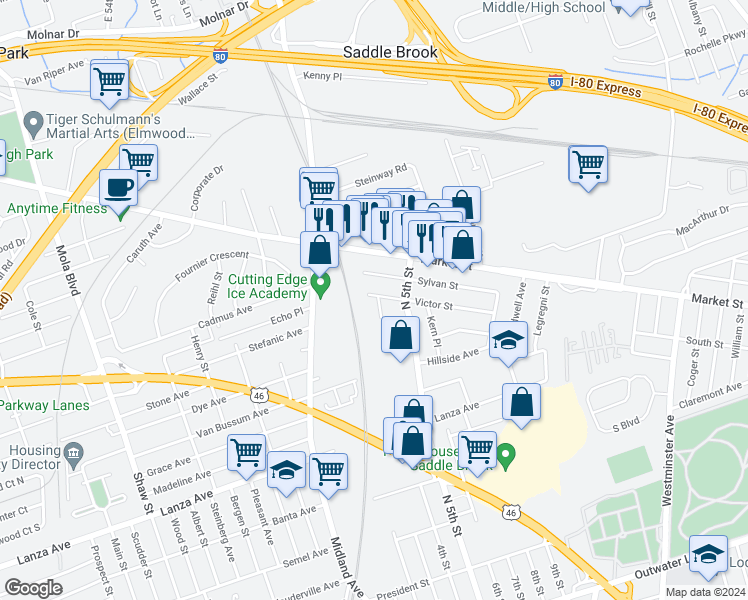 map of restaurants, bars, coffee shops, grocery stores, and more near 500 Victor Street in Saddle Brook