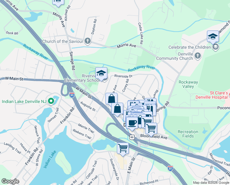 map of restaurants, bars, coffee shops, grocery stores, and more near 24 Myers Avenue in Denville