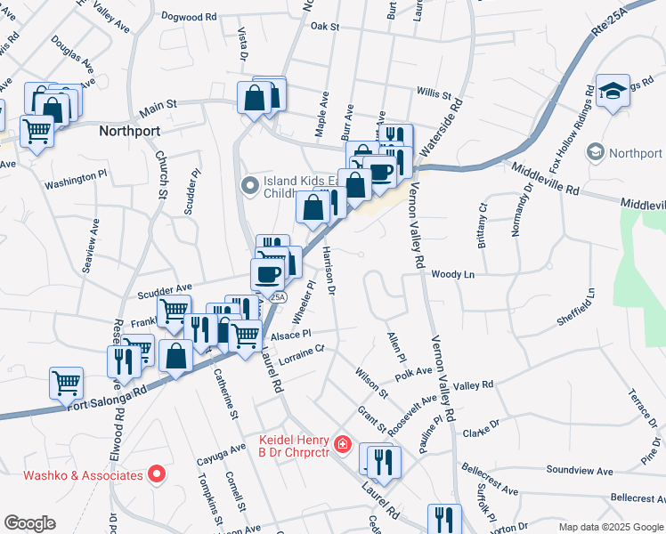 map of restaurants, bars, coffee shops, grocery stores, and more near 9 Harrison Drive in Northport