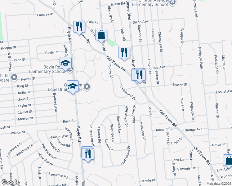 map of restaurants, bars, coffee shops, grocery stores, and more near 23 Colony Road in Port Jefferson Station