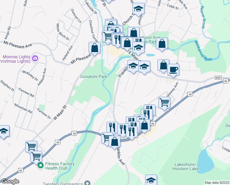 map of restaurants, bars, coffee shops, grocery stores, and more near 127 Franklin Avenue in Rockaway