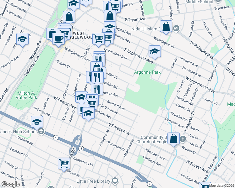 map of restaurants, bars, coffee shops, grocery stores, and more near 79 Genesee Avenue in Teaneck