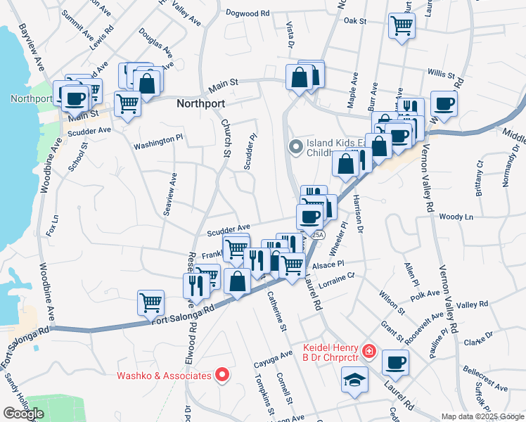 map of restaurants, bars, coffee shops, grocery stores, and more near 58 Scudder Place in Northport