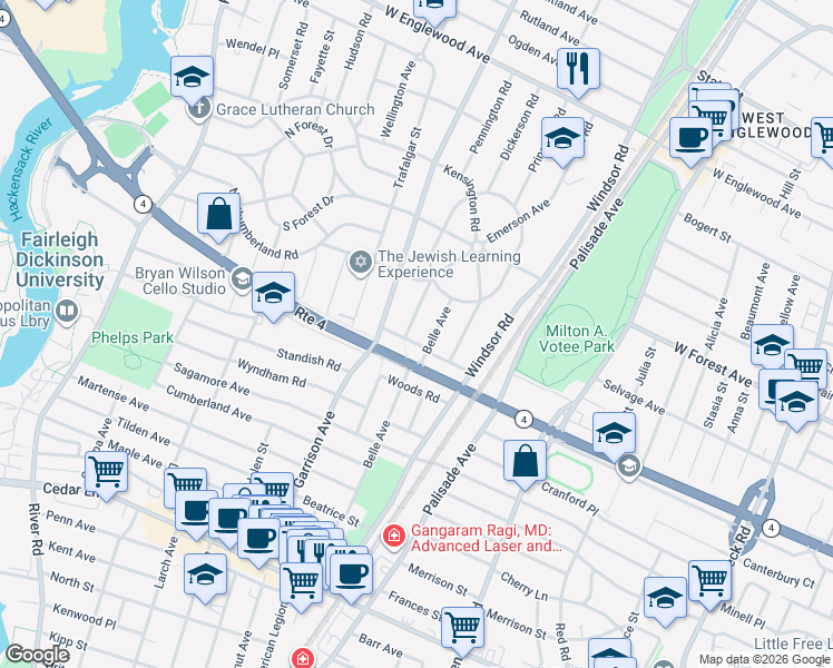 map of restaurants, bars, coffee shops, grocery stores, and more near 1090 Belle Avenue in Teaneck