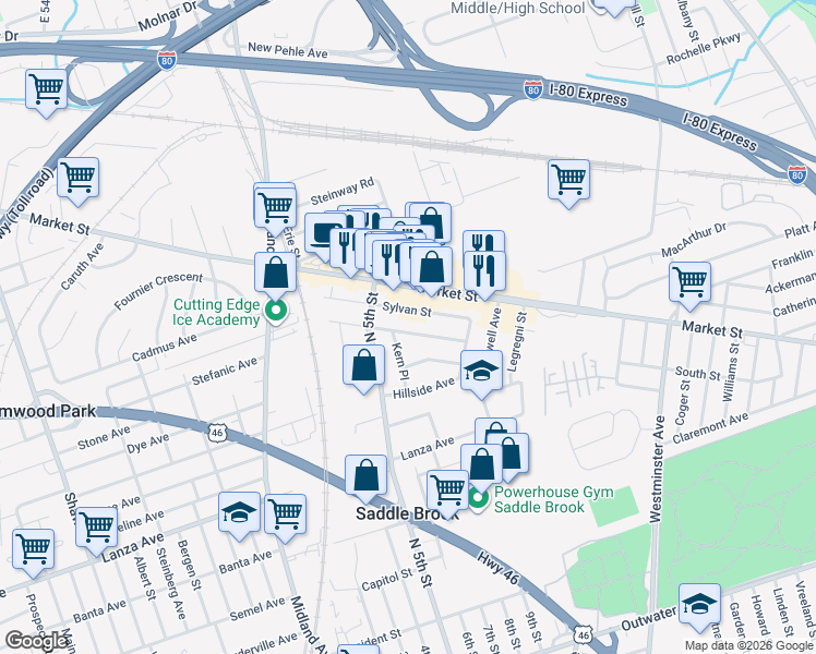 map of restaurants, bars, coffee shops, grocery stores, and more near 439 Victor St in Saddle Brook