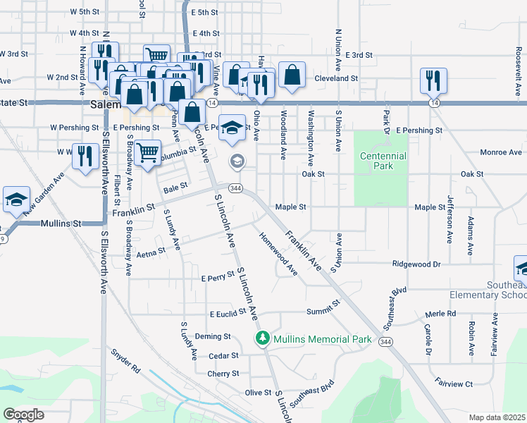 map of restaurants, bars, coffee shops, grocery stores, and more near 697 Franklin Avenue in Salem