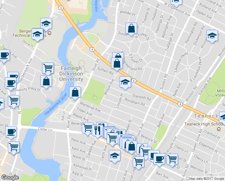 map of restaurants, bars, coffee shops, grocery stores, and more near 628 Standish Road in Teaneck