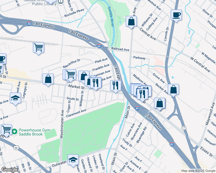 map of restaurants, bars, coffee shops, grocery stores, and more near 26 Harrison Avenue in Saddle Brook