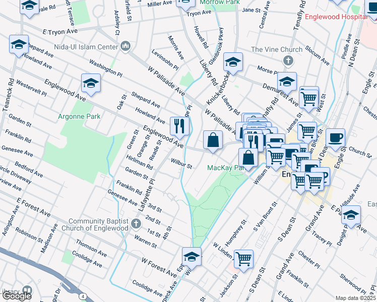 map of restaurants, bars, coffee shops, grocery stores, and more near 212 West Englewood Avenue in Englewood