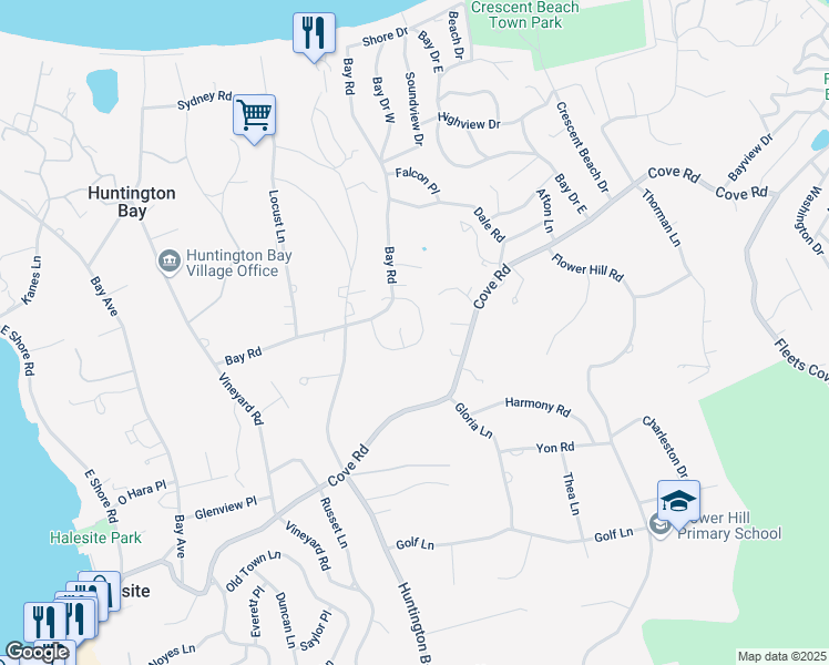 map of restaurants, bars, coffee shops, grocery stores, and more near 8 Northwood Circle in Halesite