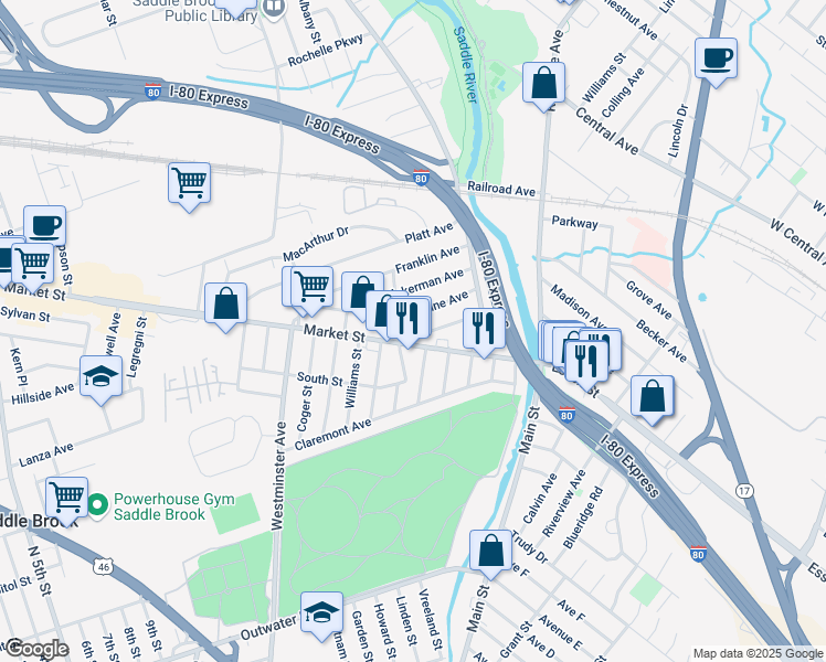 map of restaurants, bars, coffee shops, grocery stores, and more near 59 Harrison Avenue in Saddle Brook