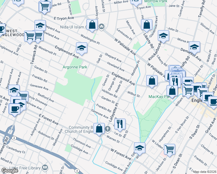 map of restaurants, bars, coffee shops, grocery stores, and more near 142 Orange Street in Englewood