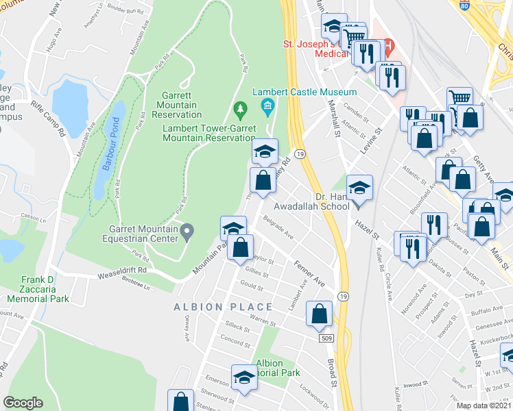 map of restaurants, bars, coffee shops, grocery stores, and more near 66 Valley Road in Clifton