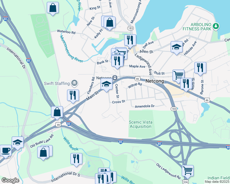 map of restaurants, bars, coffee shops, grocery stores, and more near 16 Center Street in Netcong