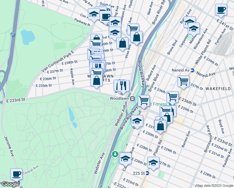 map of restaurants, bars, coffee shops, grocery stores, and more near 4200 Vireo Avenue in Bronx