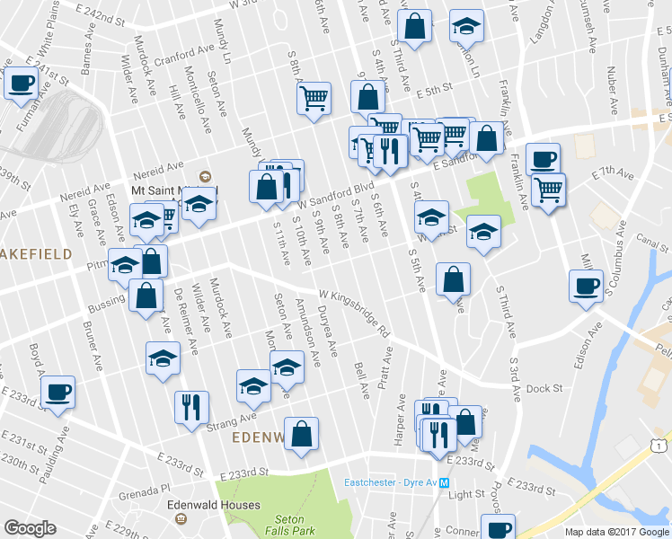 map of restaurants, bars, coffee shops, grocery stores, and more near 114 West 7th Street in Mount Vernon