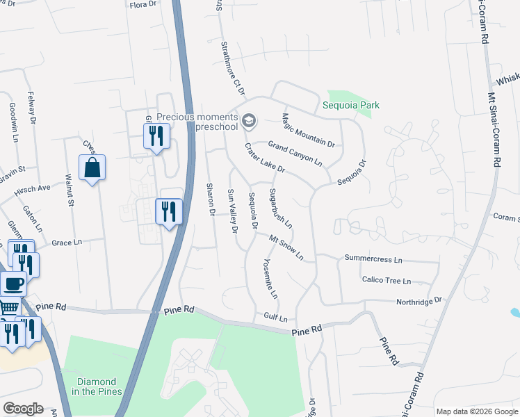 map of restaurants, bars, coffee shops, grocery stores, and more near 144 Sequoia Drive in Coram