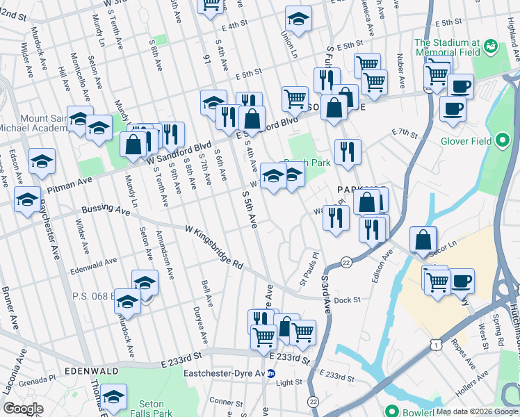 map of restaurants, bars, coffee shops, grocery stores, and more near 630 South 4th Avenue in Mount Vernon