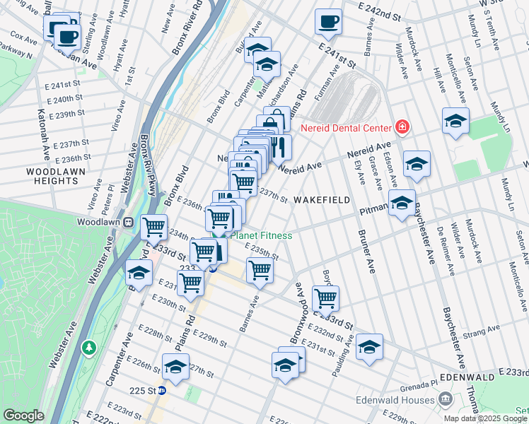 map of restaurants, bars, coffee shops, grocery stores, and more near 4329 Byron Avenue in Bronx