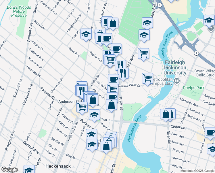 map of restaurants, bars, coffee shops, grocery stores, and more near 533 Main Street in Hackensack