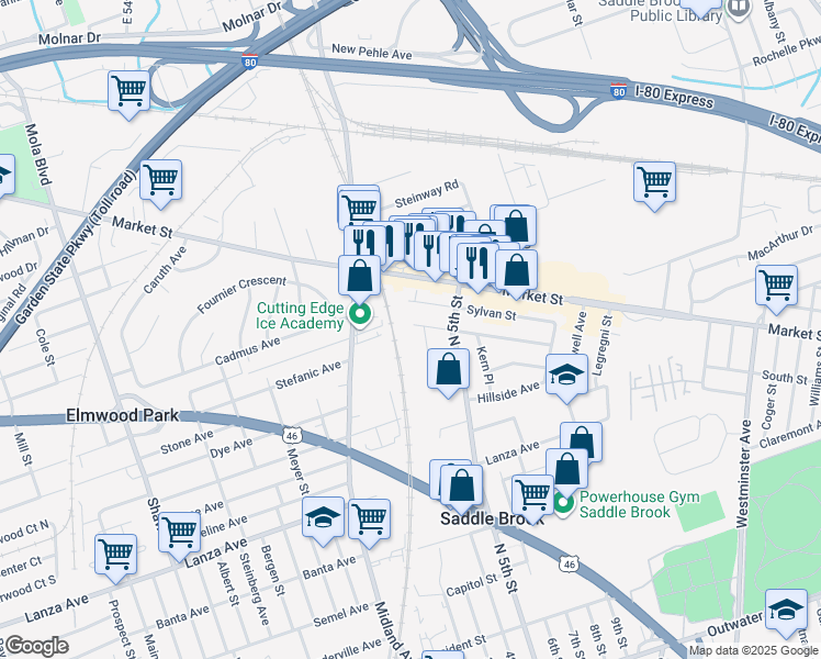 map of restaurants, bars, coffee shops, grocery stores, and more near 500 Victor Street in Saddle Brook