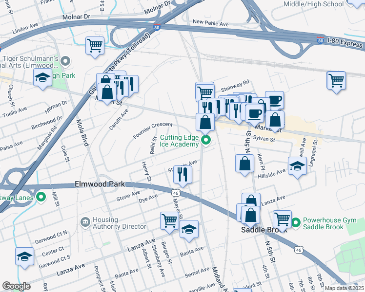 map of restaurants, bars, coffee shops, grocery stores, and more near 1 Obal Avenue in Elmwood Park