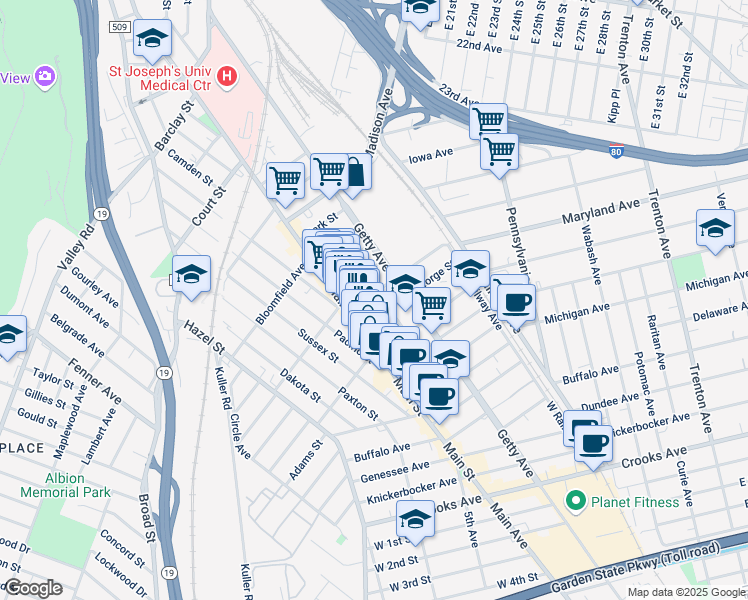 map of restaurants, bars, coffee shops, grocery stores, and more near 11 Thomas Street in Paterson