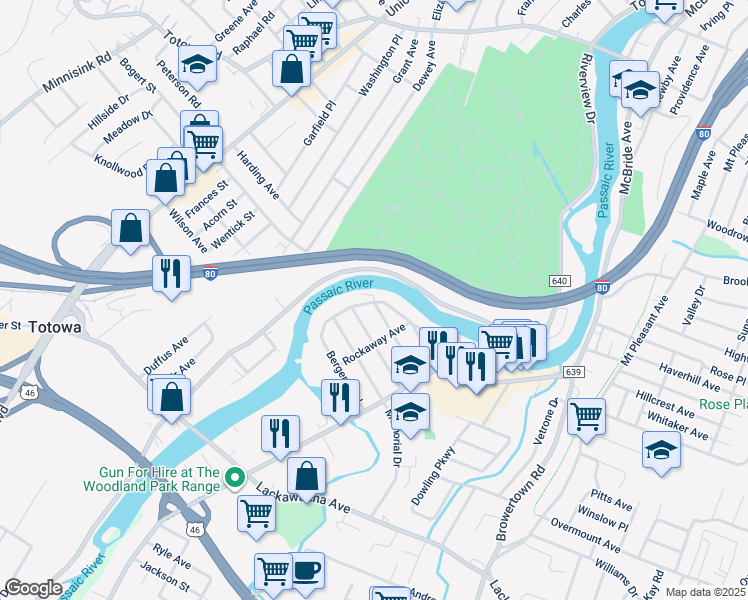 map of restaurants, bars, coffee shops, grocery stores, and more near 192 Bergen Boulevard in Woodland Park