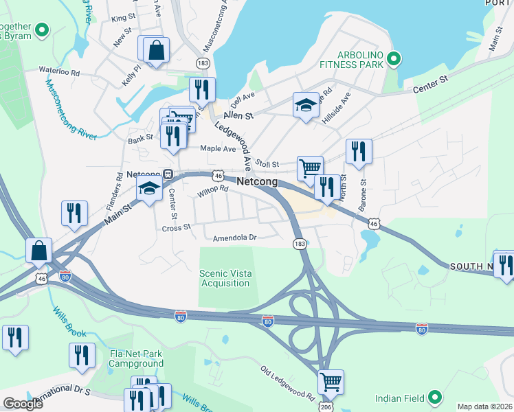 map of restaurants, bars, coffee shops, grocery stores, and more near 9 Oak Street in Netcong