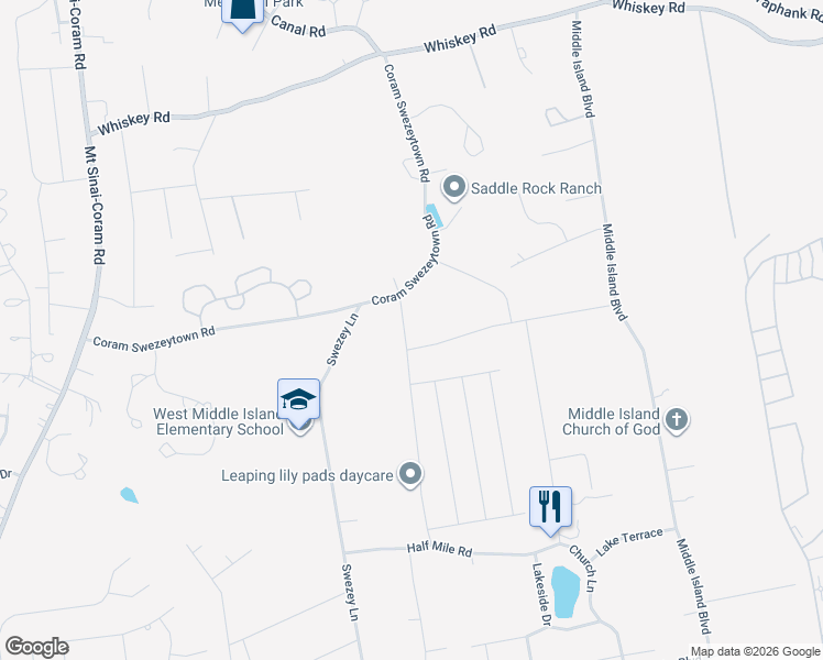 map of restaurants, bars, coffee shops, grocery stores, and more near 11 North Swezeytown Road in Middle Island