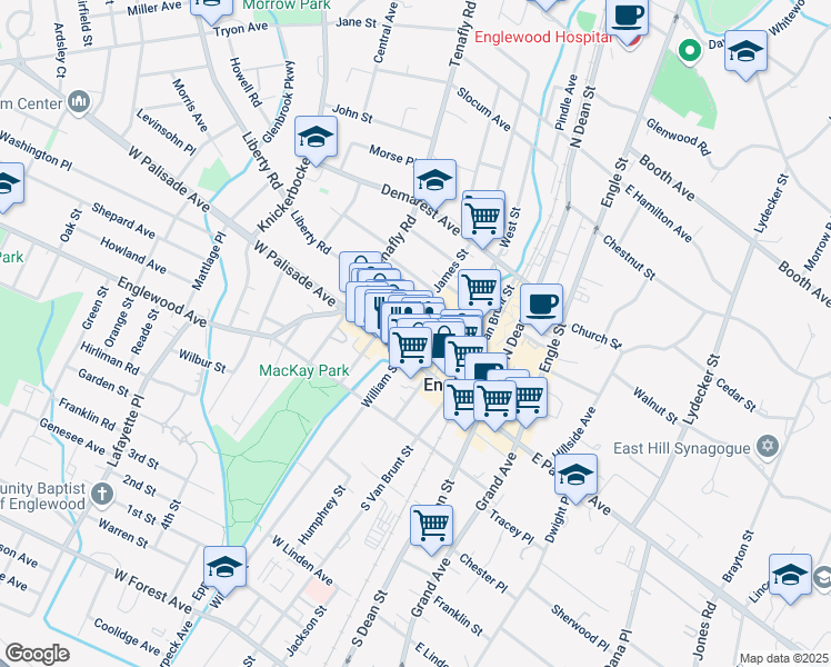 map of restaurants, bars, coffee shops, grocery stores, and more near 15 James St in Englewood