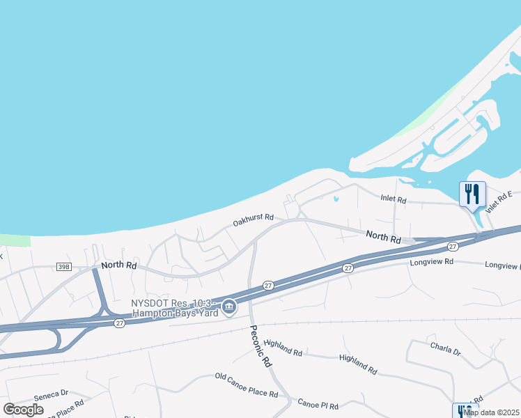 map of restaurants, bars, coffee shops, grocery stores, and more near 45B Oakhurst Road in Hampton Bays
