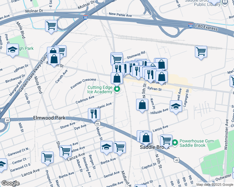 map of restaurants, bars, coffee shops, grocery stores, and more near 86 Midland Avenue in Elmwood Park