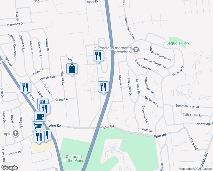 map of restaurants, bars, coffee shops, grocery stores, and more near 3535 Gibbs Road in Coram