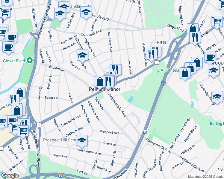 map of restaurants, bars, coffee shops, grocery stores, and more near 4760 Boston Post Road in Pelham Manor