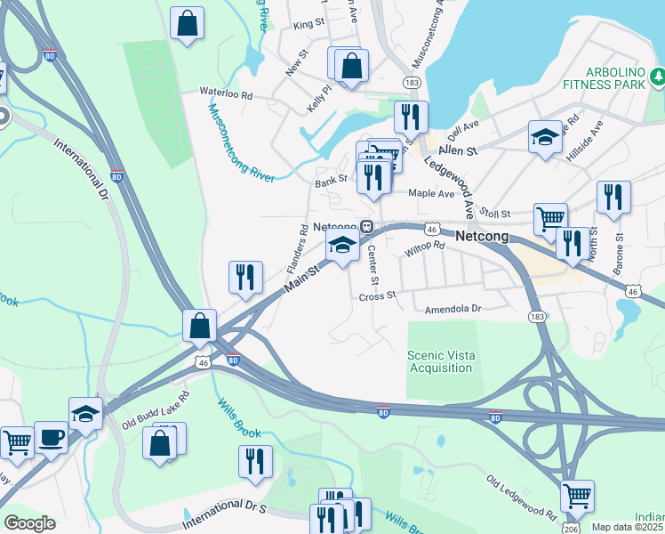 map of restaurants, bars, coffee shops, grocery stores, and more near 105 Main St in Netcong