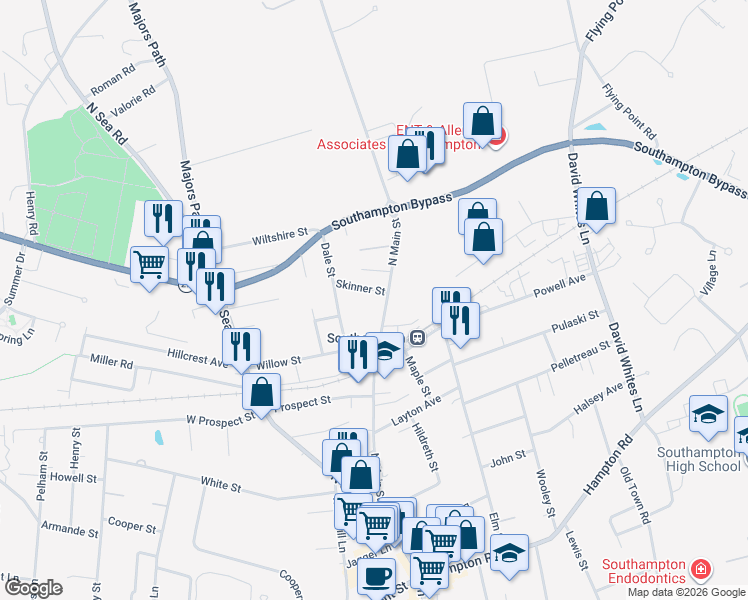 map of restaurants, bars, coffee shops, grocery stores, and more near 255 N Main St in Southampton