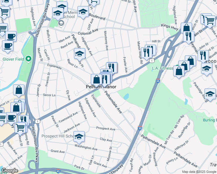 map of restaurants, bars, coffee shops, grocery stores, and more near 4760 Boston Post Road in Pelham Manor
