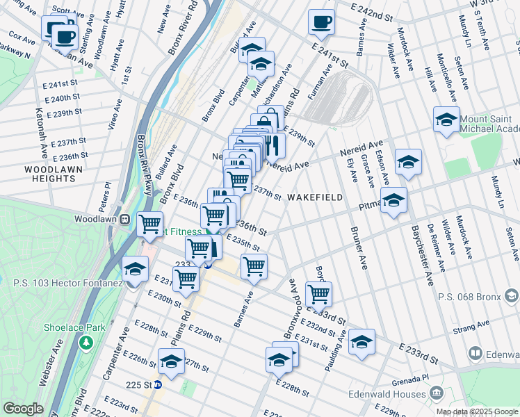 map of restaurants, bars, coffee shops, grocery stores, and more near 4329 Byron Avenue in Bronx