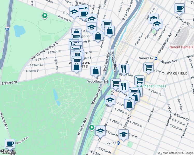 map of restaurants, bars, coffee shops, grocery stores, and more near 4200 Vireo Avenue in The Bronx