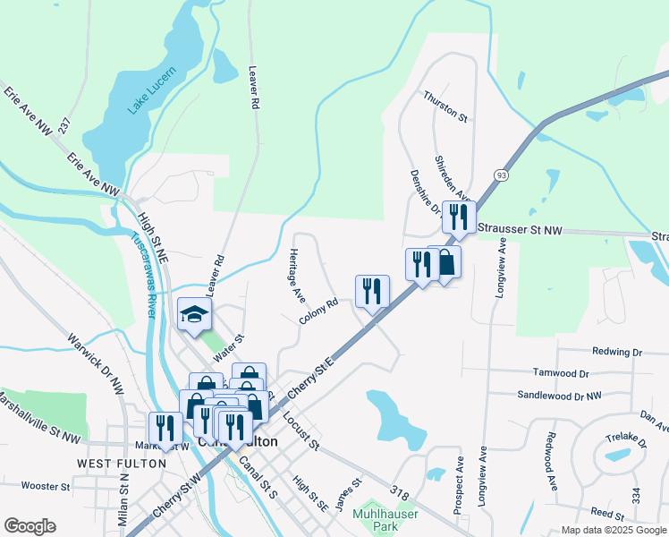 map of restaurants, bars, coffee shops, grocery stores, and more near 370 Waterside Avenue in Canal Fulton